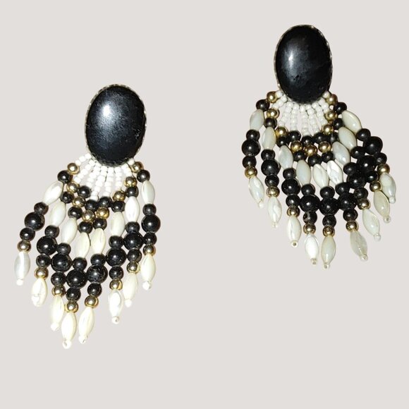 Vtg Clip On Earrings Southwestern Chandelier Stone Black MOP White Bead Dangle - Picture 5 of 11